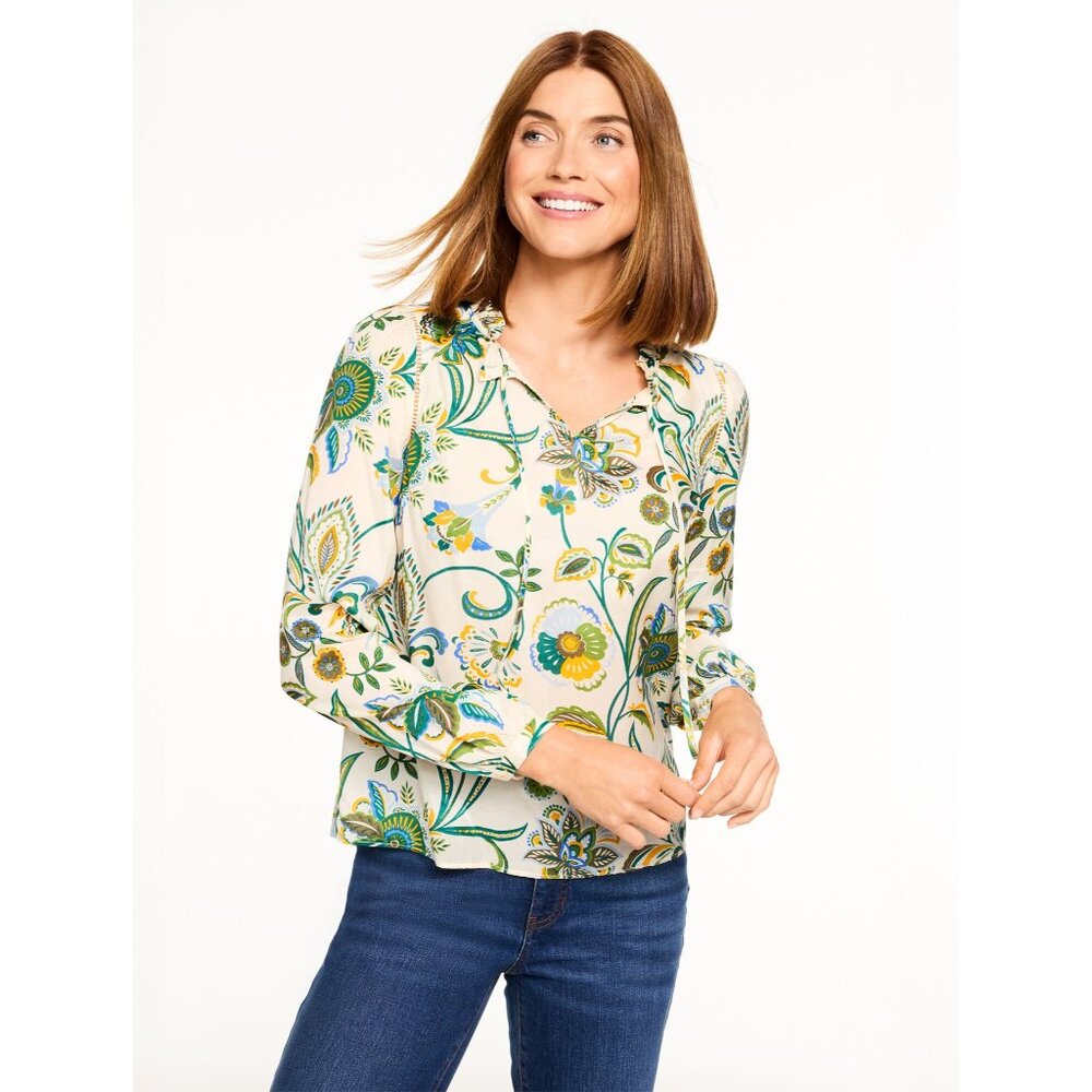 Talbots Lively Floral Tie Neck Top SP Petite Small Long Sleeve Ladder Trim NWT